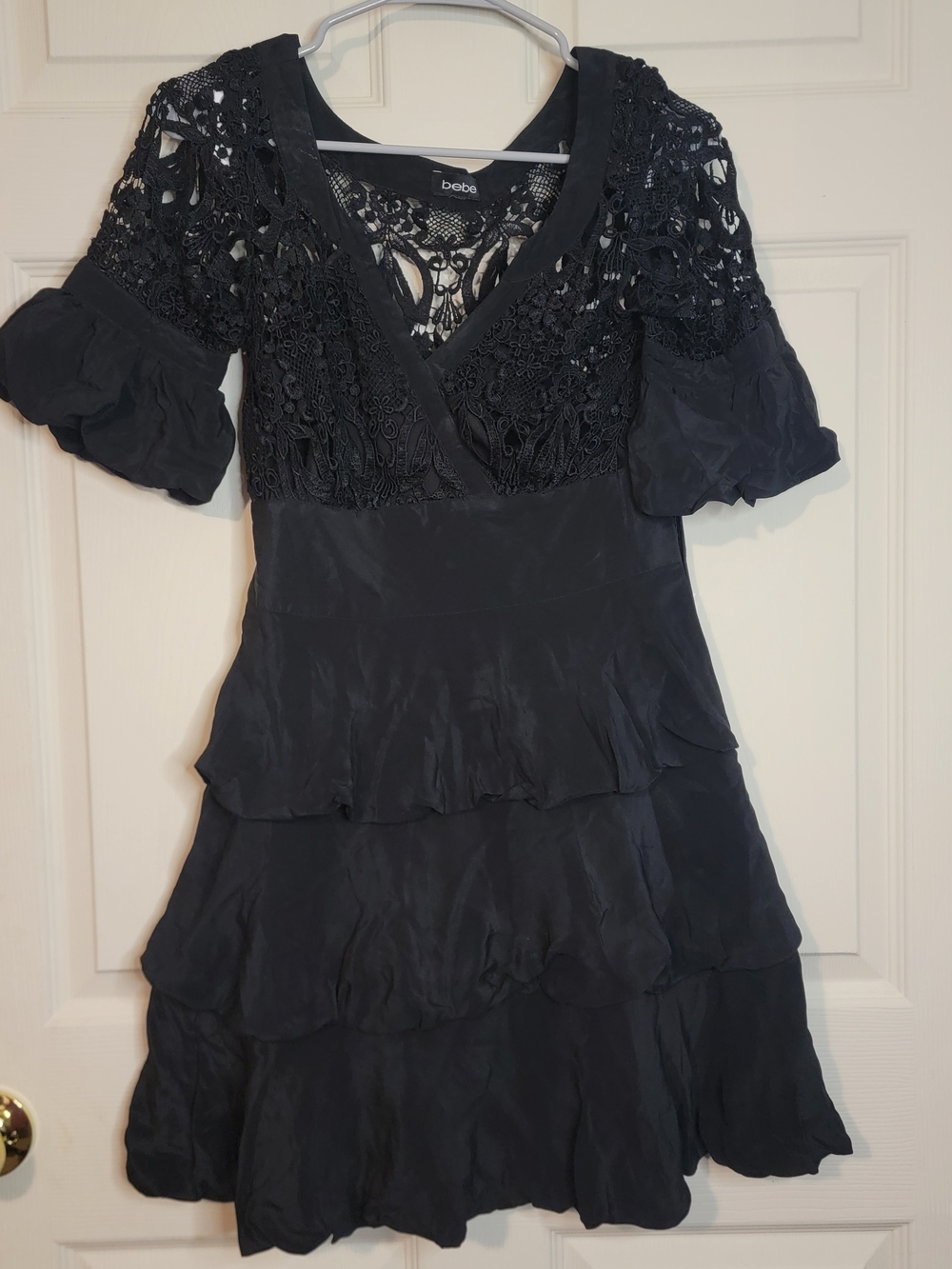 bebe Black Crochet Sleeve Tiered Dress